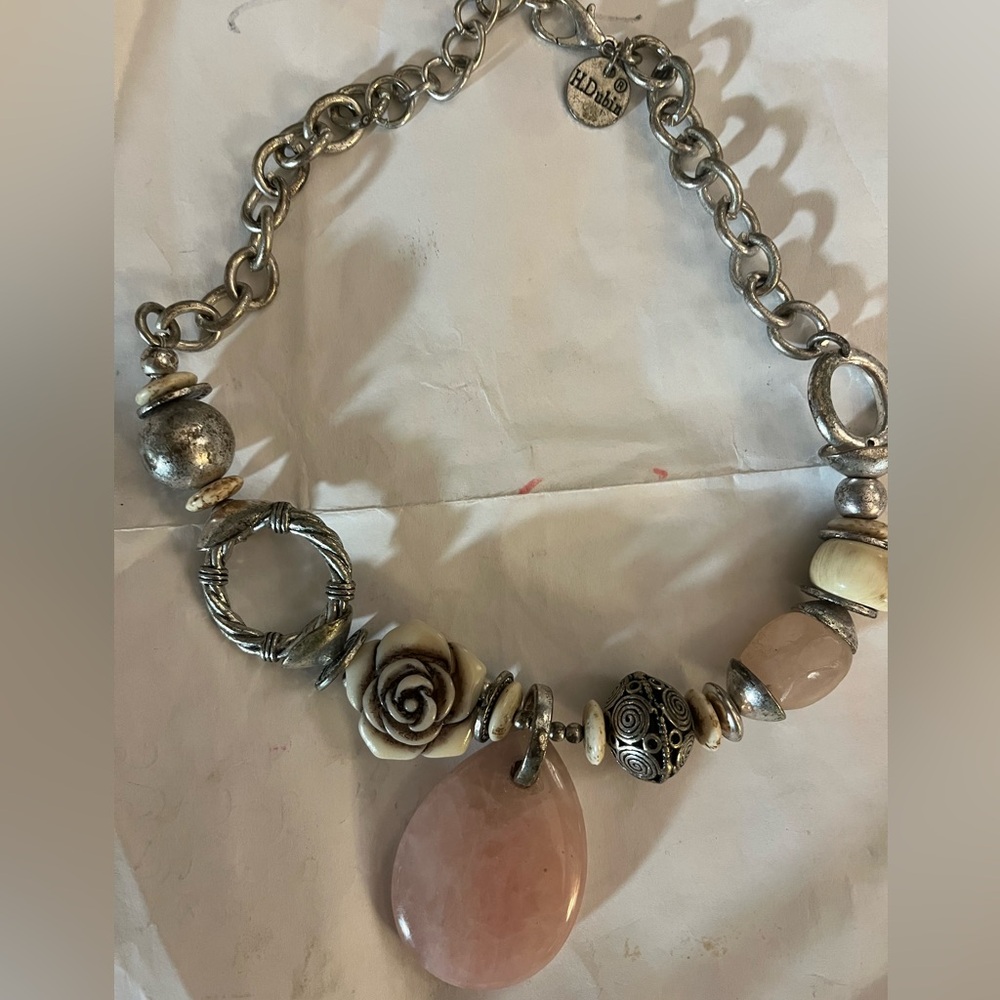H.Dubin Vintage necklace- Elegant Silver and Cream Necklace with Pink Pendant
